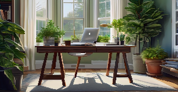 A bright and organized home office with a laptop, books, and a view of a vibrant garden outside the window.