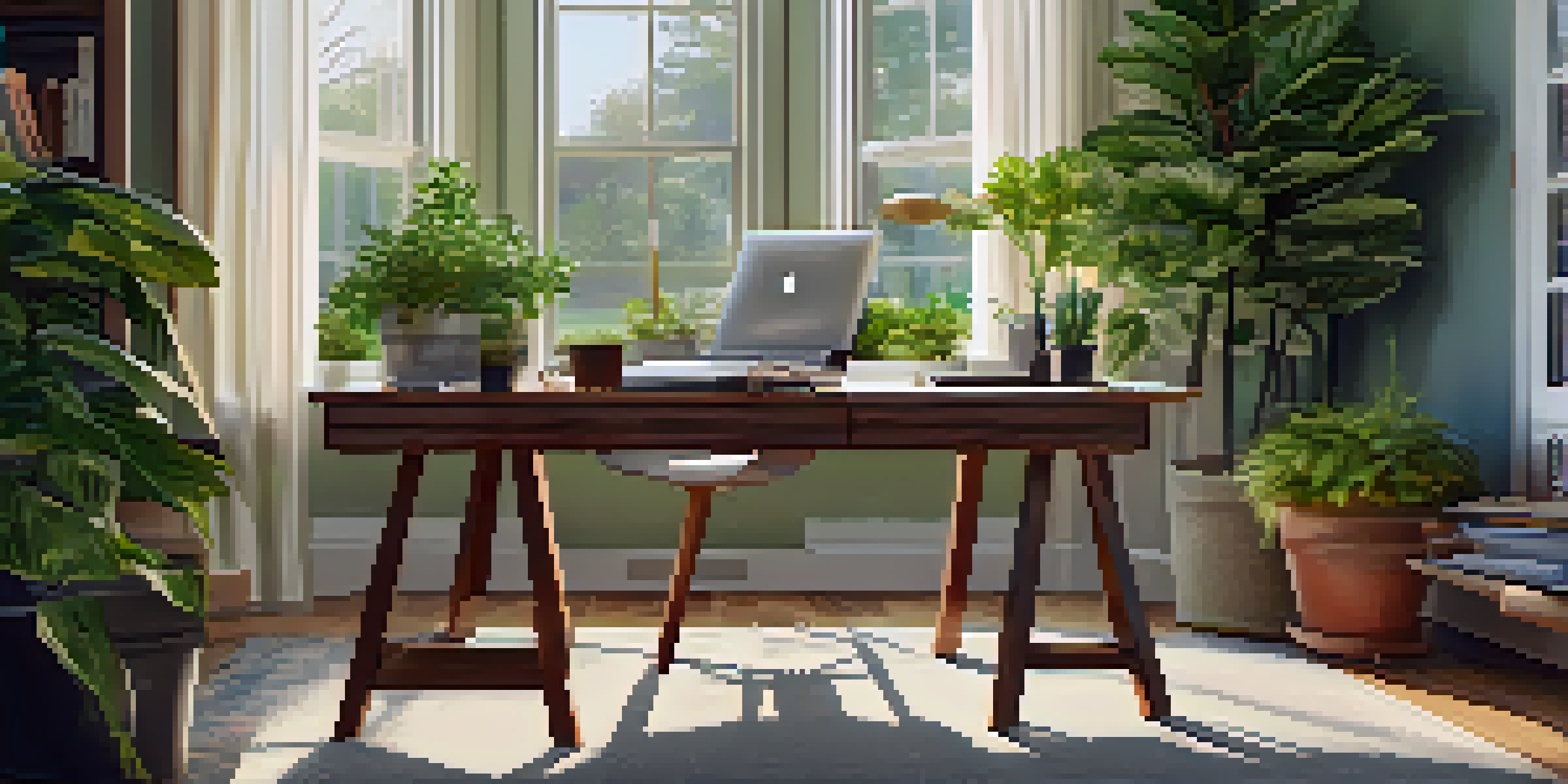 A bright and organized home office with a laptop, books, and a view of a vibrant garden outside the window.