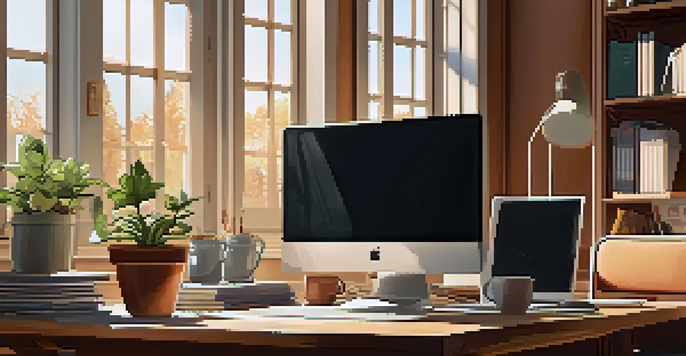 A cozy home office with a wooden desk, laptop, and warm sunlight streaming through a large window, creating an inviting workspace.