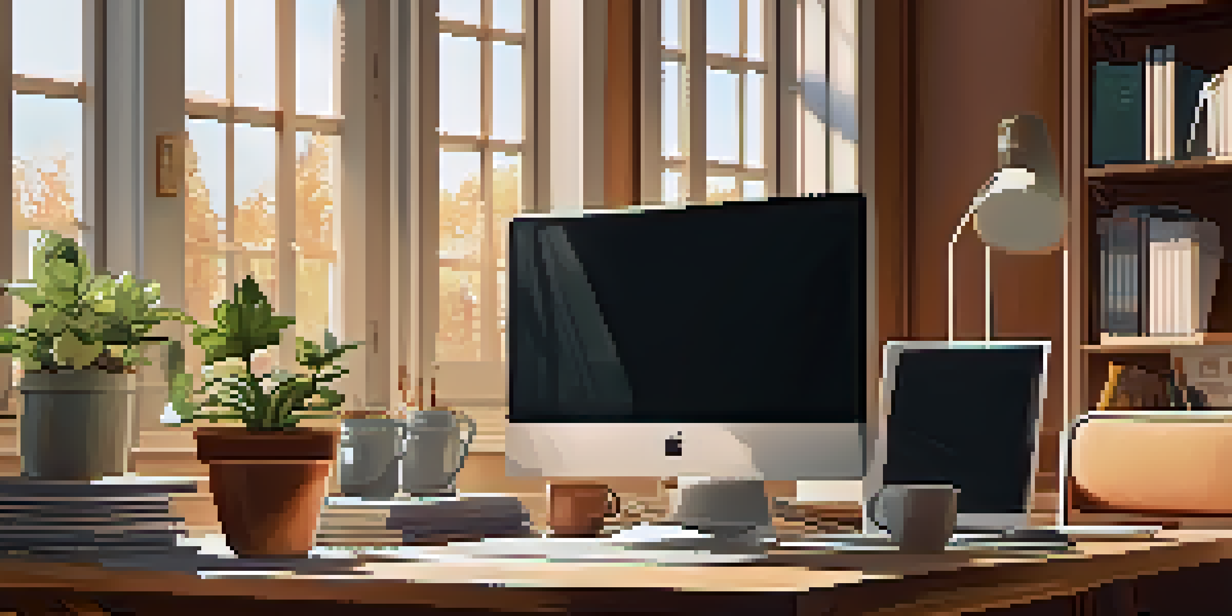A cozy home office with a wooden desk, laptop, and warm sunlight streaming through a large window, creating an inviting workspace.