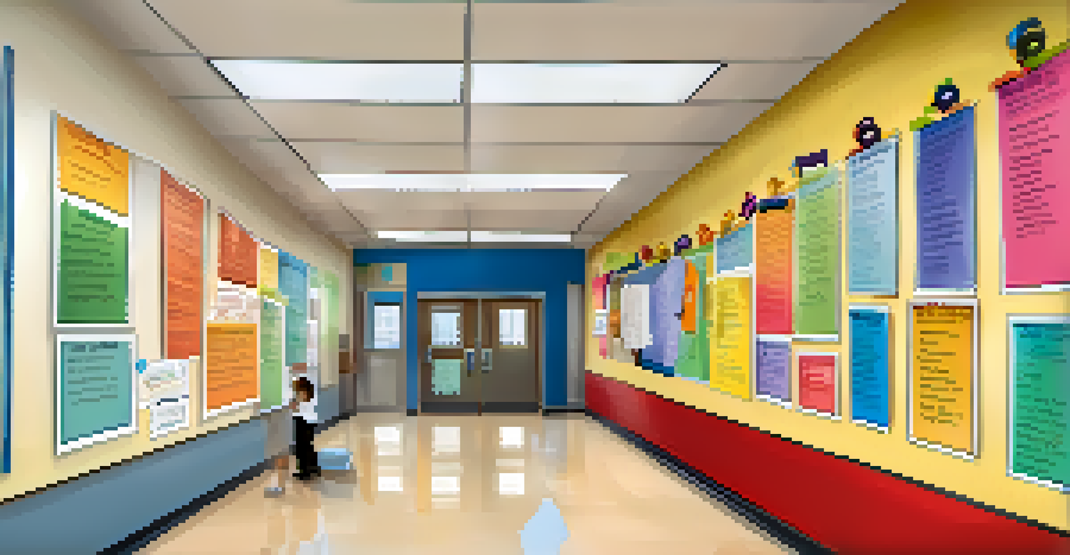 A school hallway with a bulletin board celebrating teacher achievements, filled with colorful papers and photographs.