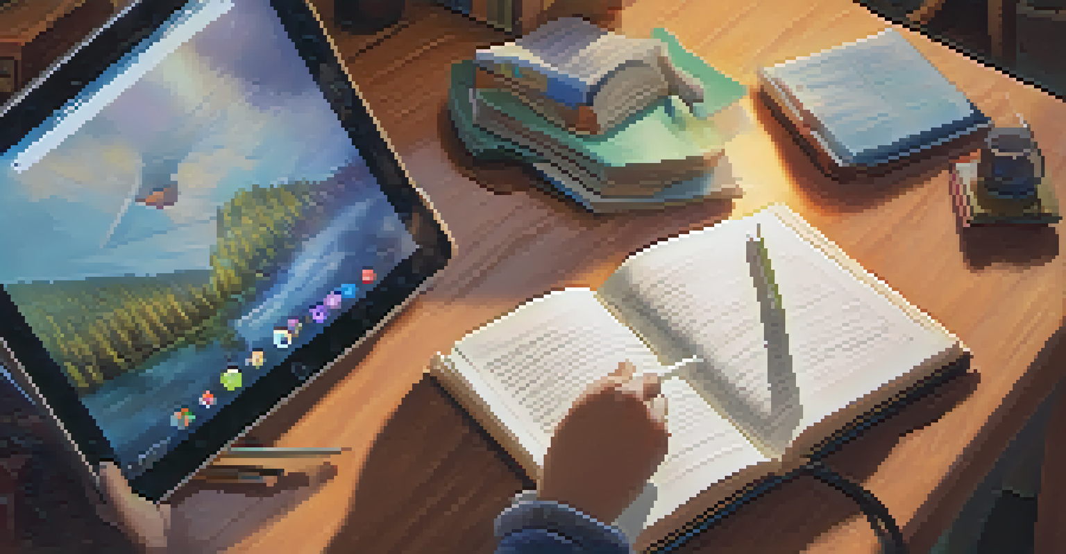 A student's hands holding a tablet, watching an educational video at home in a cozy study area filled with books and learning materials.
