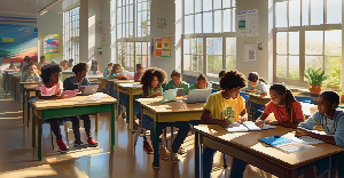 A diverse group of students working together in a bright classroom with laptops and tablets.