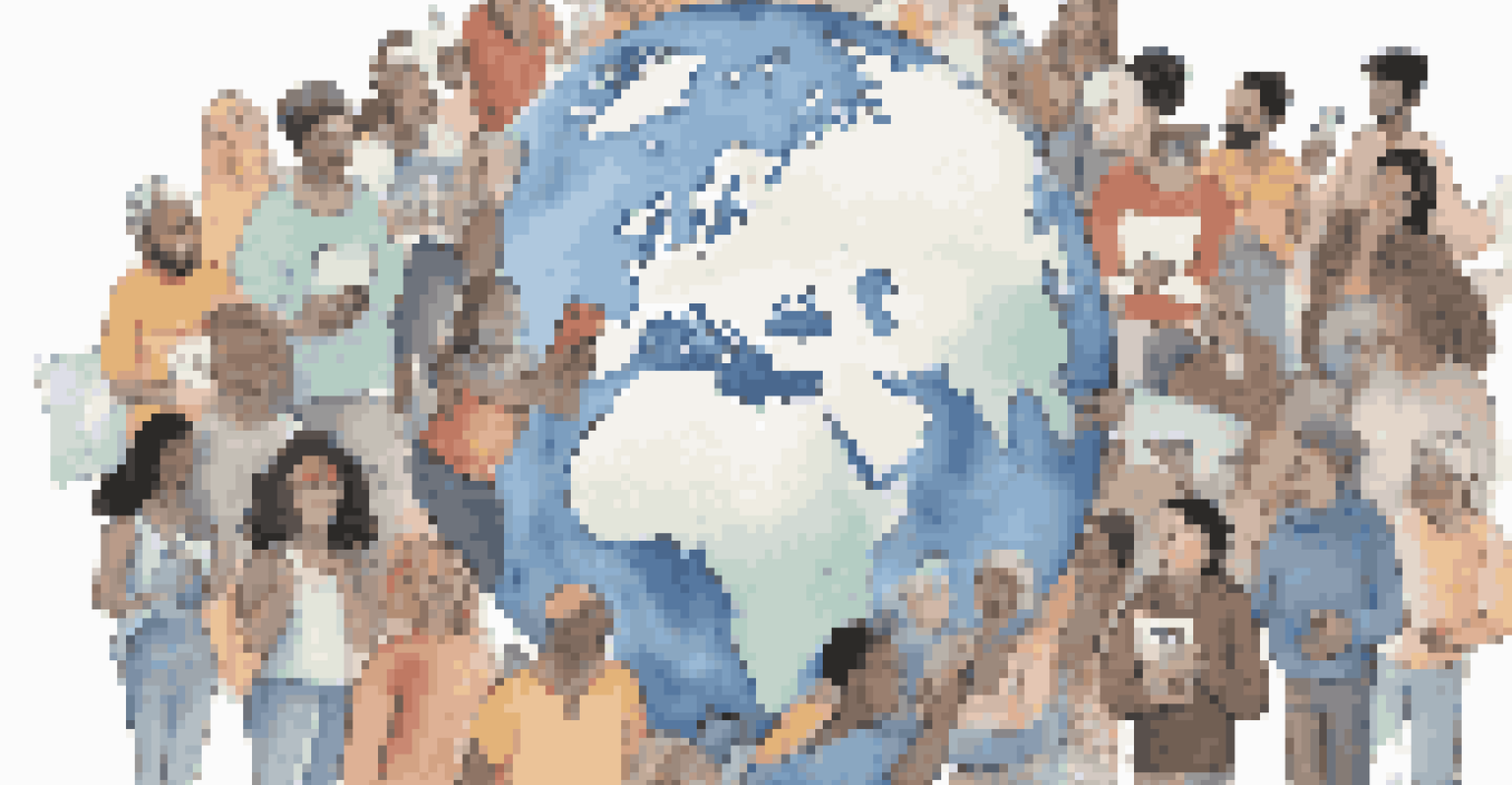 A digital illustration showing social media icons connecting people globally, with individuals sharing information on devices.