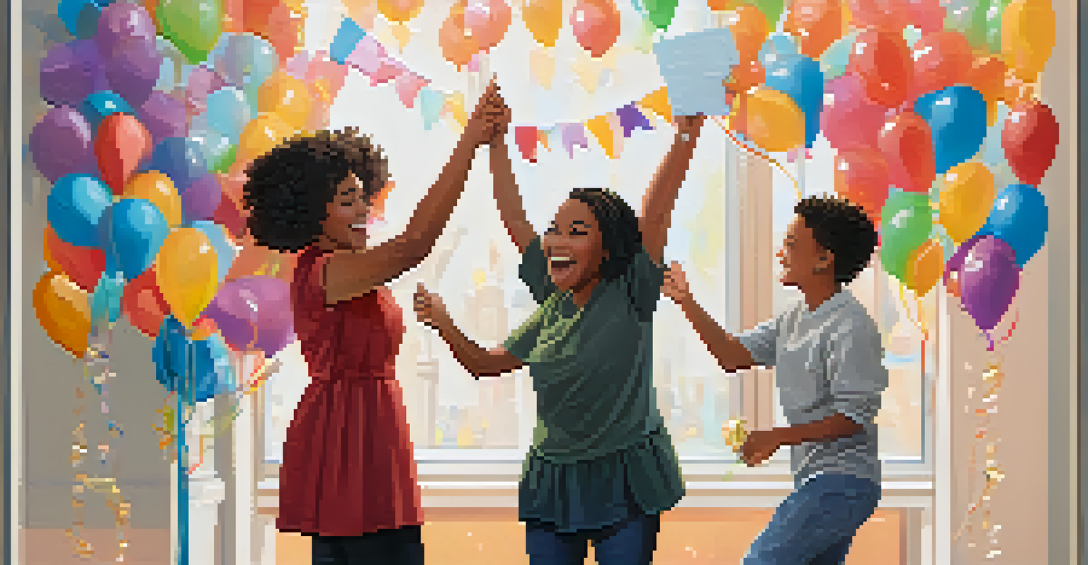 A mentor and mentee celebrating achievements with a high-five in a decorated environment filled with balloons.