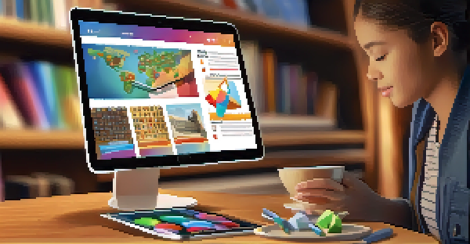 A person holding a tablet displaying bite-sized educational modules in a cozy study environment with books and a cup of coffee.