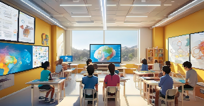 Students in a classroom wearing virtual reality headsets, engaged in an interactive learning experience about the human body.