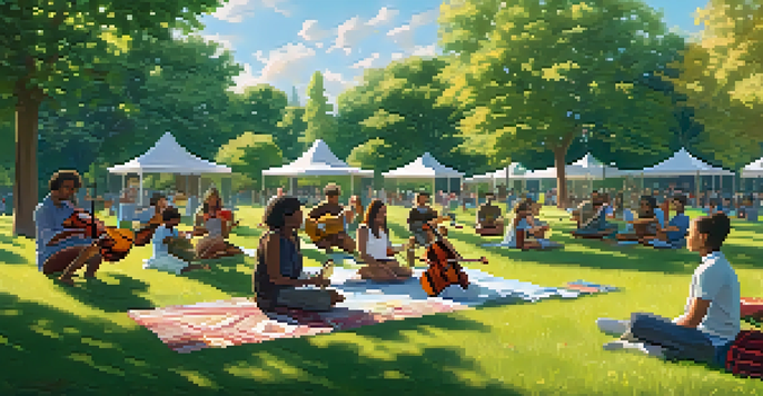 A diverse group of students playing musical instruments in a sunlit park, surrounded by trees and flowers.