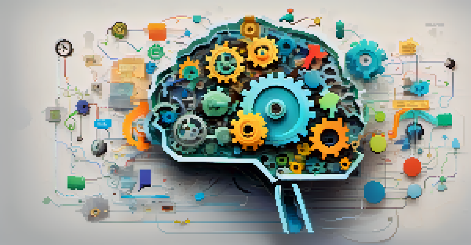 An abstract depiction of a brain with colorful gears and task icons, surrounded by chaotic elements to illustrate cognitive load.