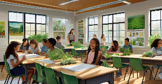 A colorful classroom with students learning about sustainability, surrounded by plants and educational posters.