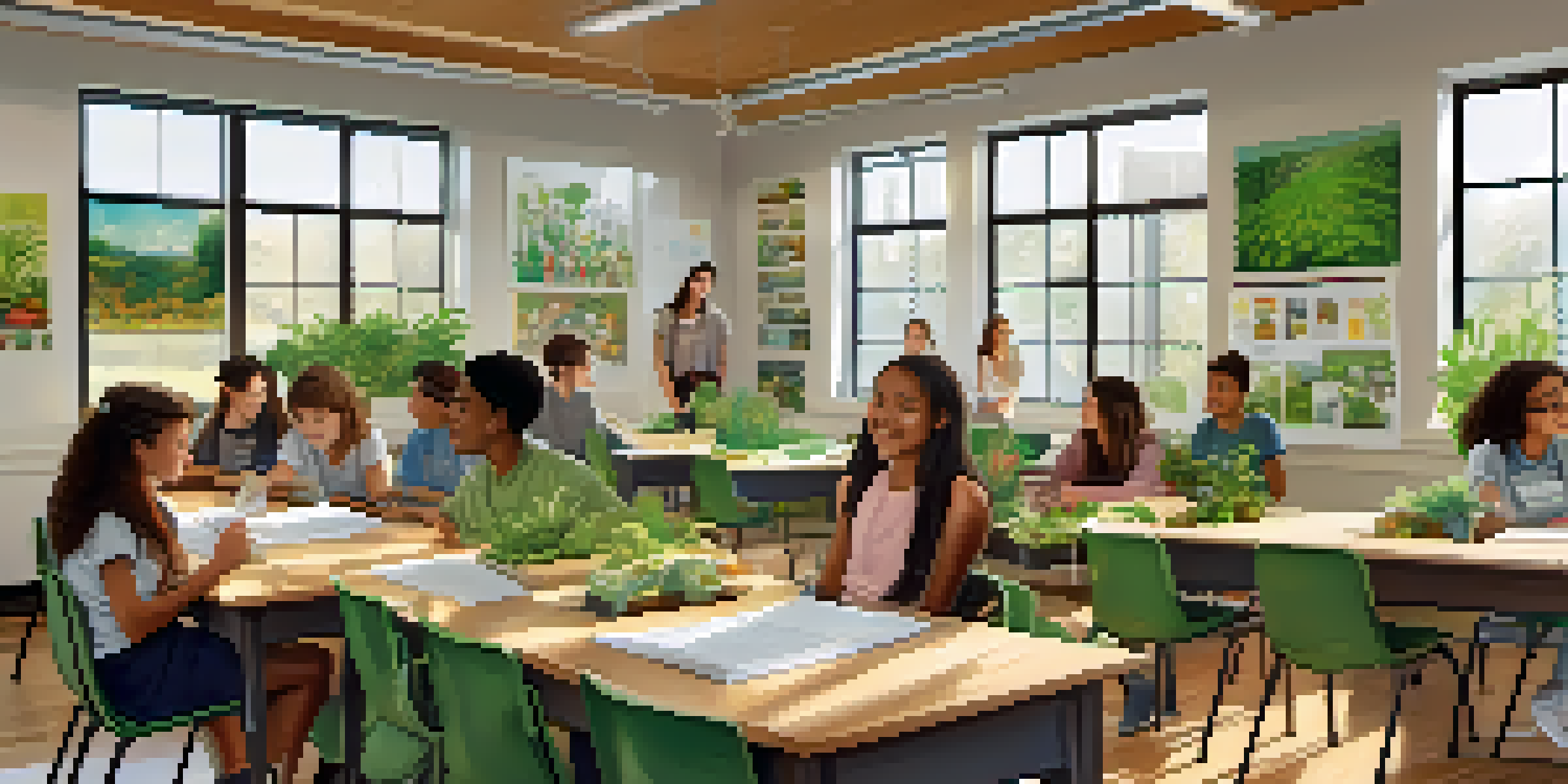 A colorful classroom with students learning about sustainability, surrounded by plants and educational posters.