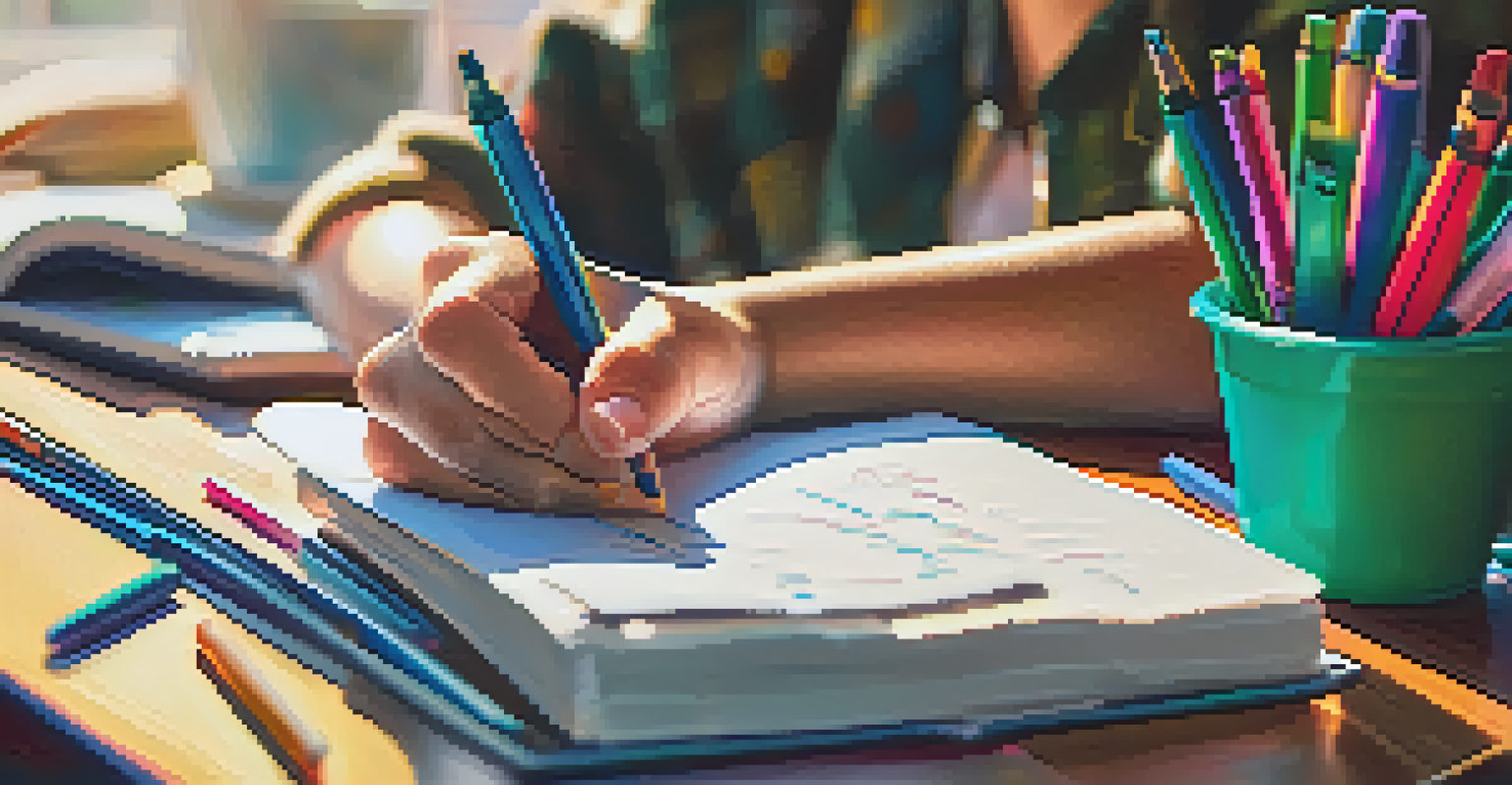 A close-up of a student's hand writing feedback on a paper, with colorful pens, a coffee cup, and a laptop in the background, illuminated by warm afternoon light.