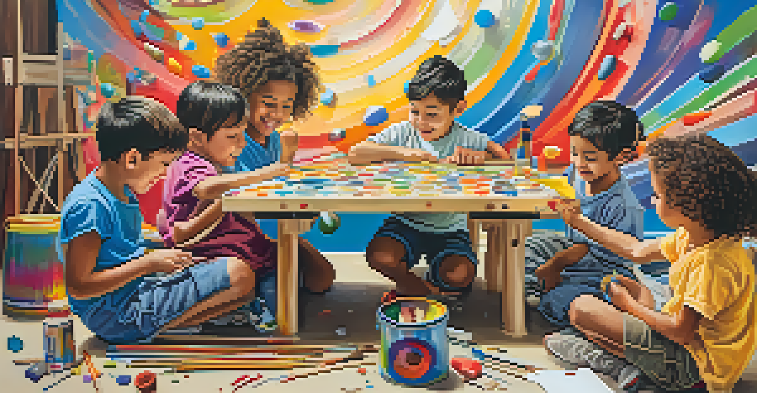 Children working together on a colorful art project, with paint and brushes around them.