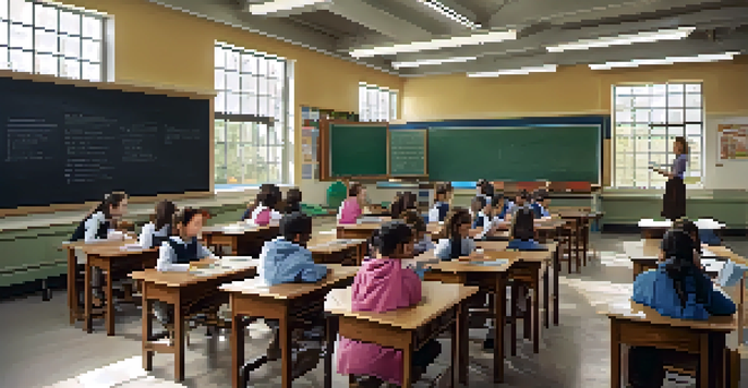 A bright and organized traditional classroom with a teacher interacting with students at wooden desks.