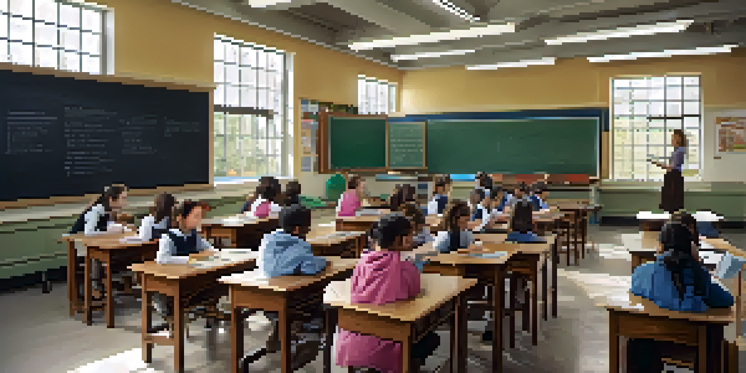 A bright and organized traditional classroom with a teacher interacting with students at wooden desks.