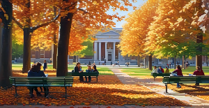 A peaceful university campus with students reading and talking under autumn trees, sunlight filtering through the leaves.