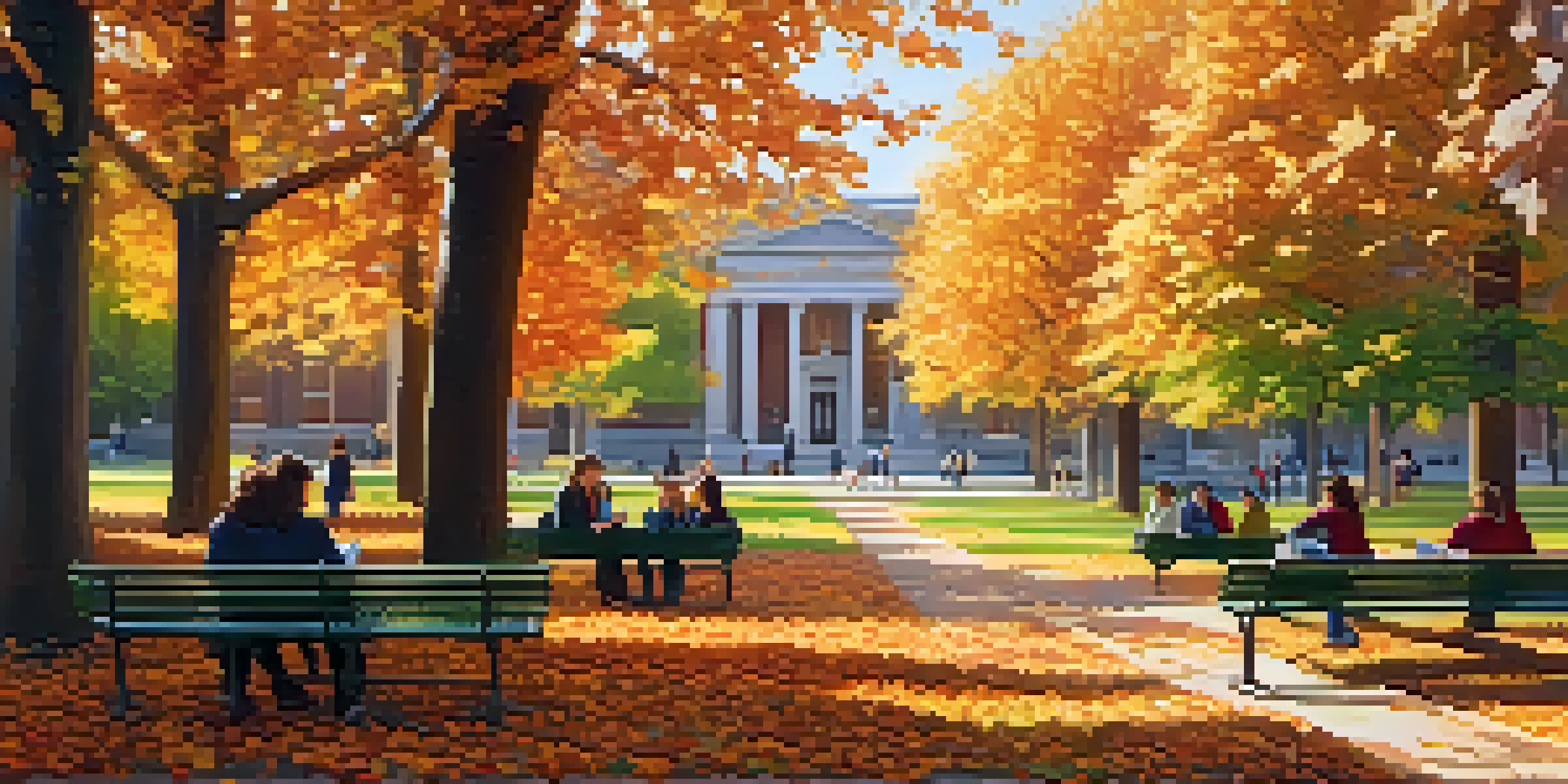 A peaceful university campus with students reading and talking under autumn trees, sunlight filtering through the leaves.
