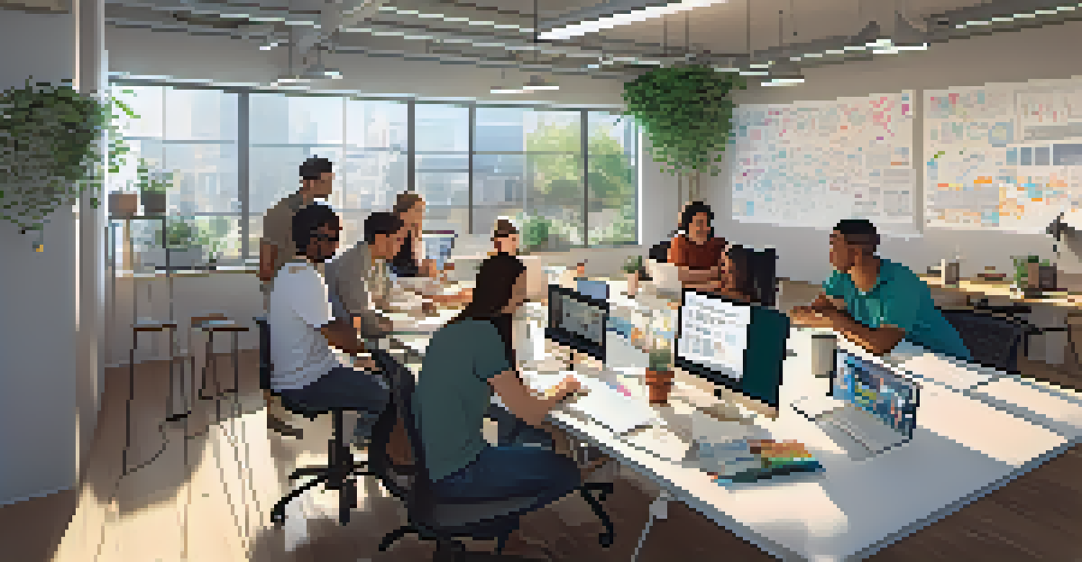 A bright workspace with a diverse team brainstorming ideas for social innovation, featuring laptops and sketches on a large table under natural light.