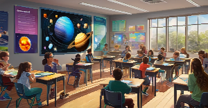 A classroom where students are using augmented reality glasses to learn about the solar system, with holographic planets and stars around them.