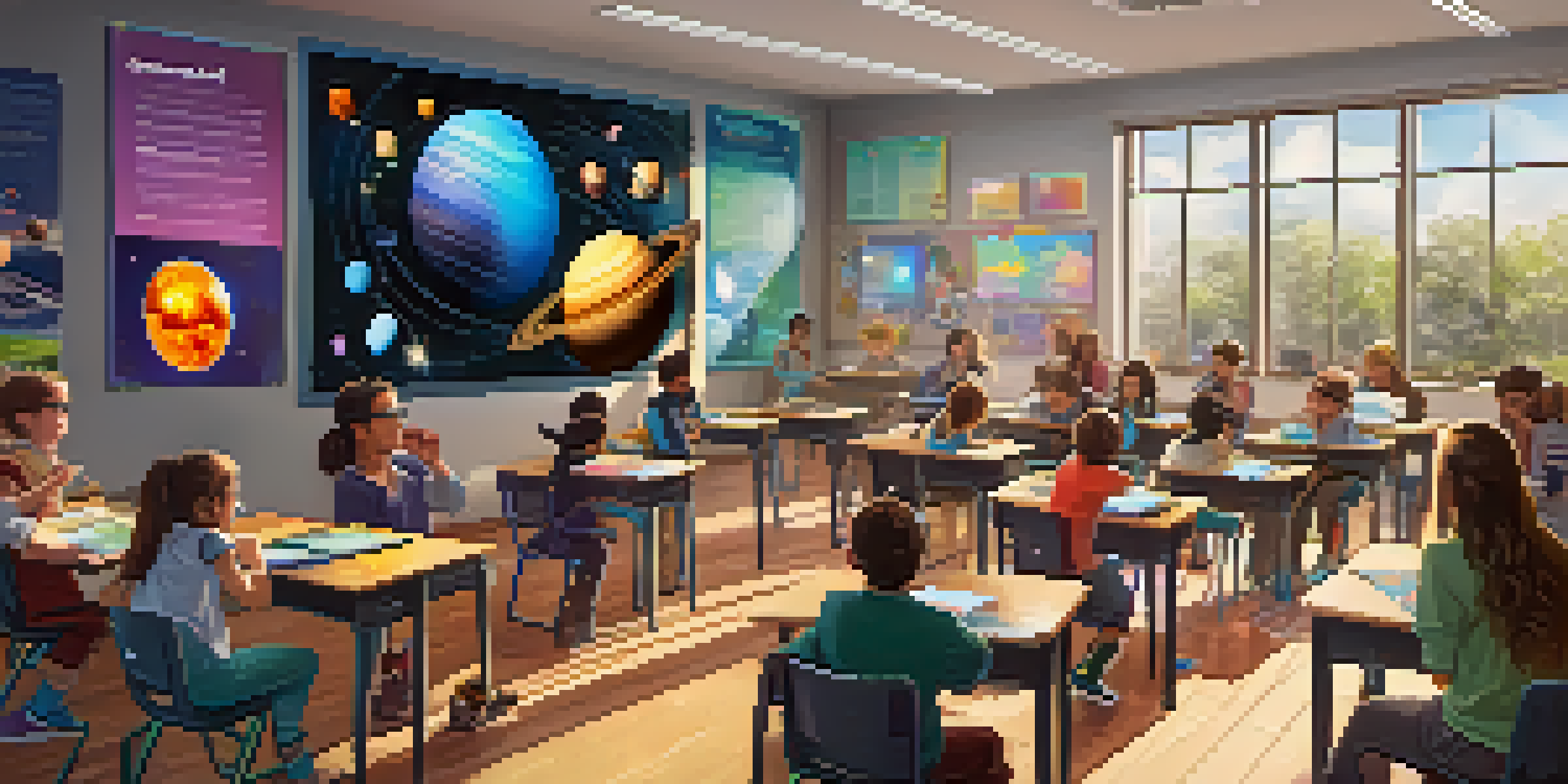 A classroom where students are using augmented reality glasses to learn about the solar system, with holographic planets and stars around them.