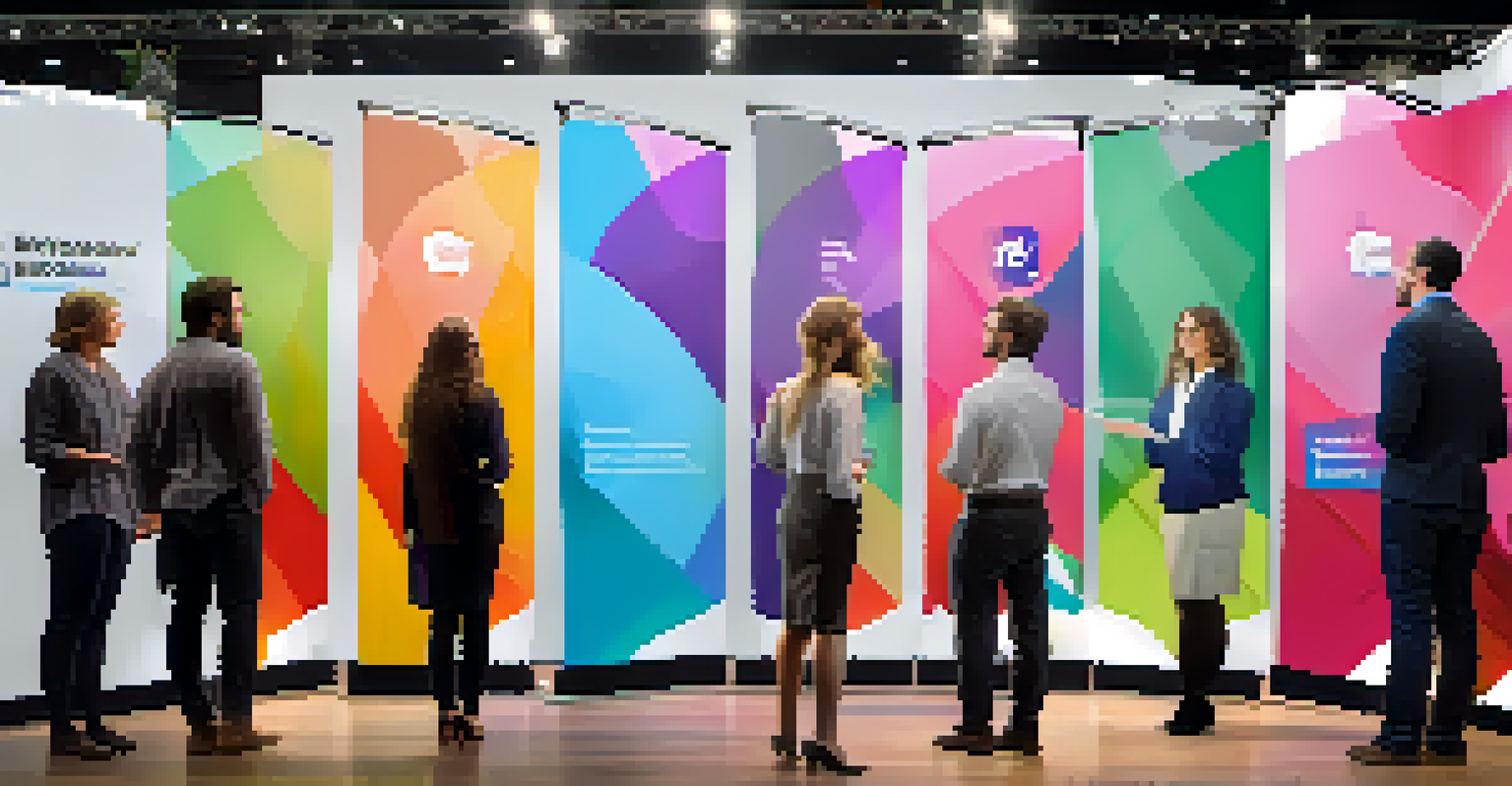 A professional at a networking event promoting their digital portfolio on a large screen, surrounded by a lively atmosphere.