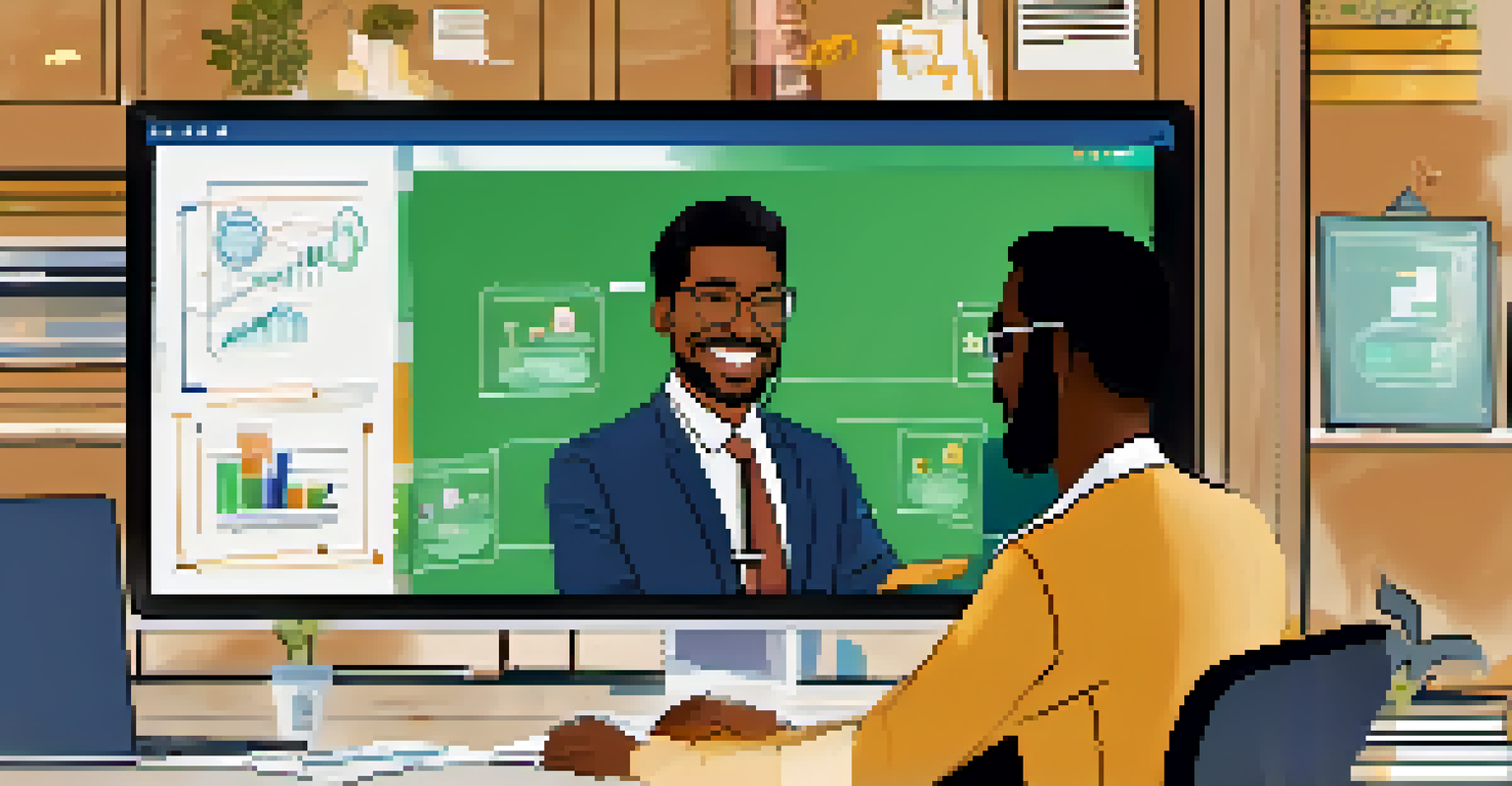 A virtual mentorship session on a computer screen, showing a mentor in a business suit speaking to a young man, with diagrams on a digital whiteboard in a cozy home office setting.