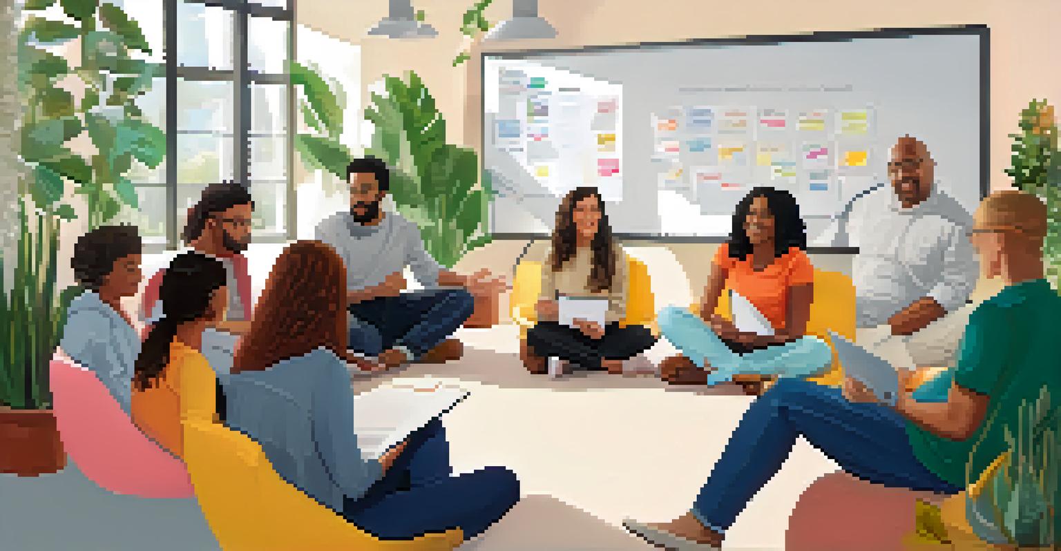 A diverse group of individuals engaged in discussion around a whiteboard, emphasizing community standards in a bright and welcoming environment.