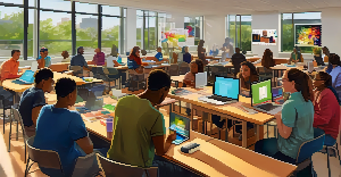 A diverse group of people in a community center, participating in a digital literacy workshop with laptops and tablets, under natural light.