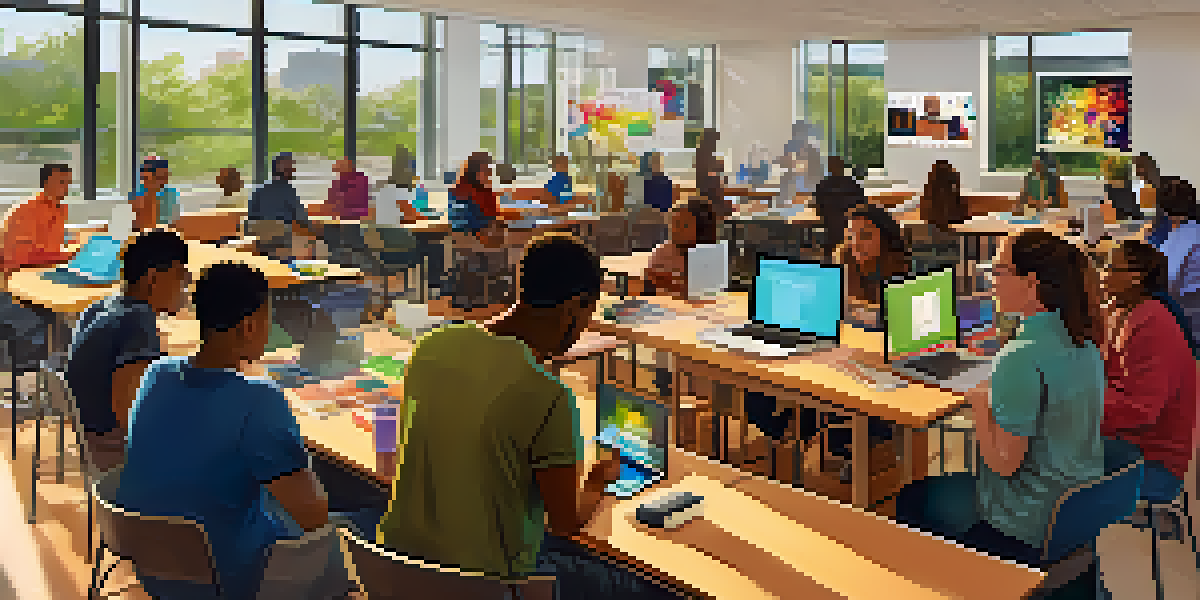 A diverse group of people in a community center, participating in a digital literacy workshop with laptops and tablets, under natural light.