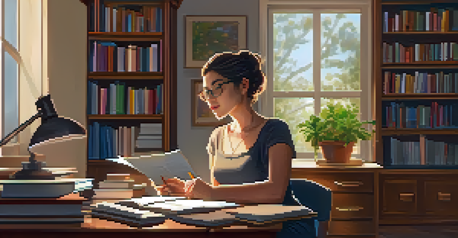 An adult learner studying in a cozy home office, surrounded by books and a laptop, reflecting lifelong learning.