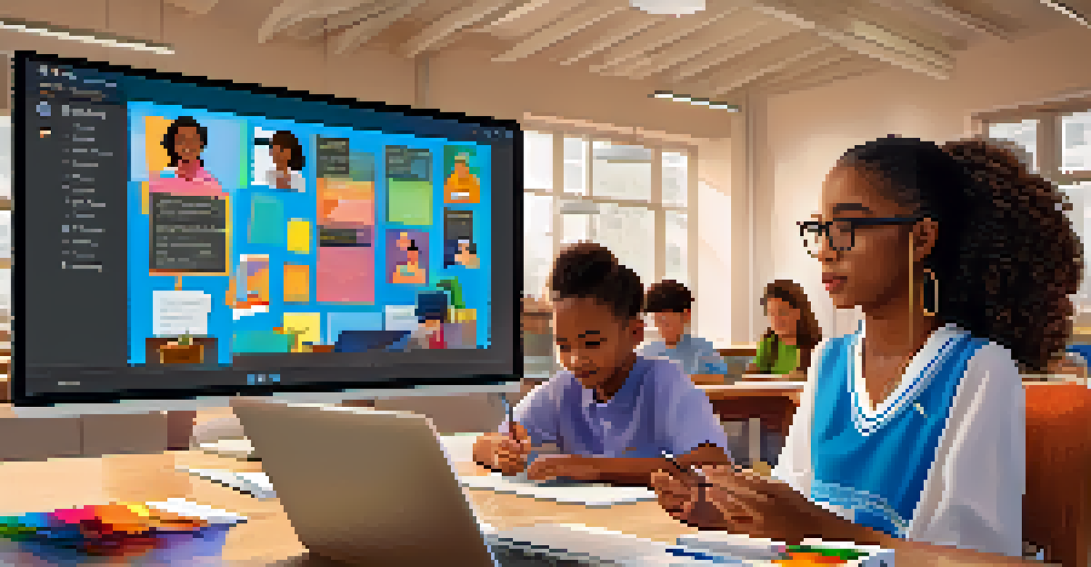 A laptop screen showing a virtual classroom with a teacher and engaged students during a video call.