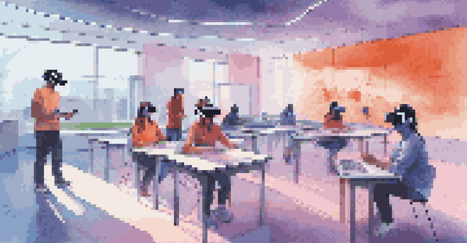 Students immersed in a futuristic virtual reality learning environment, solving puzzles and collaborating with VR headsets in a modern setting.