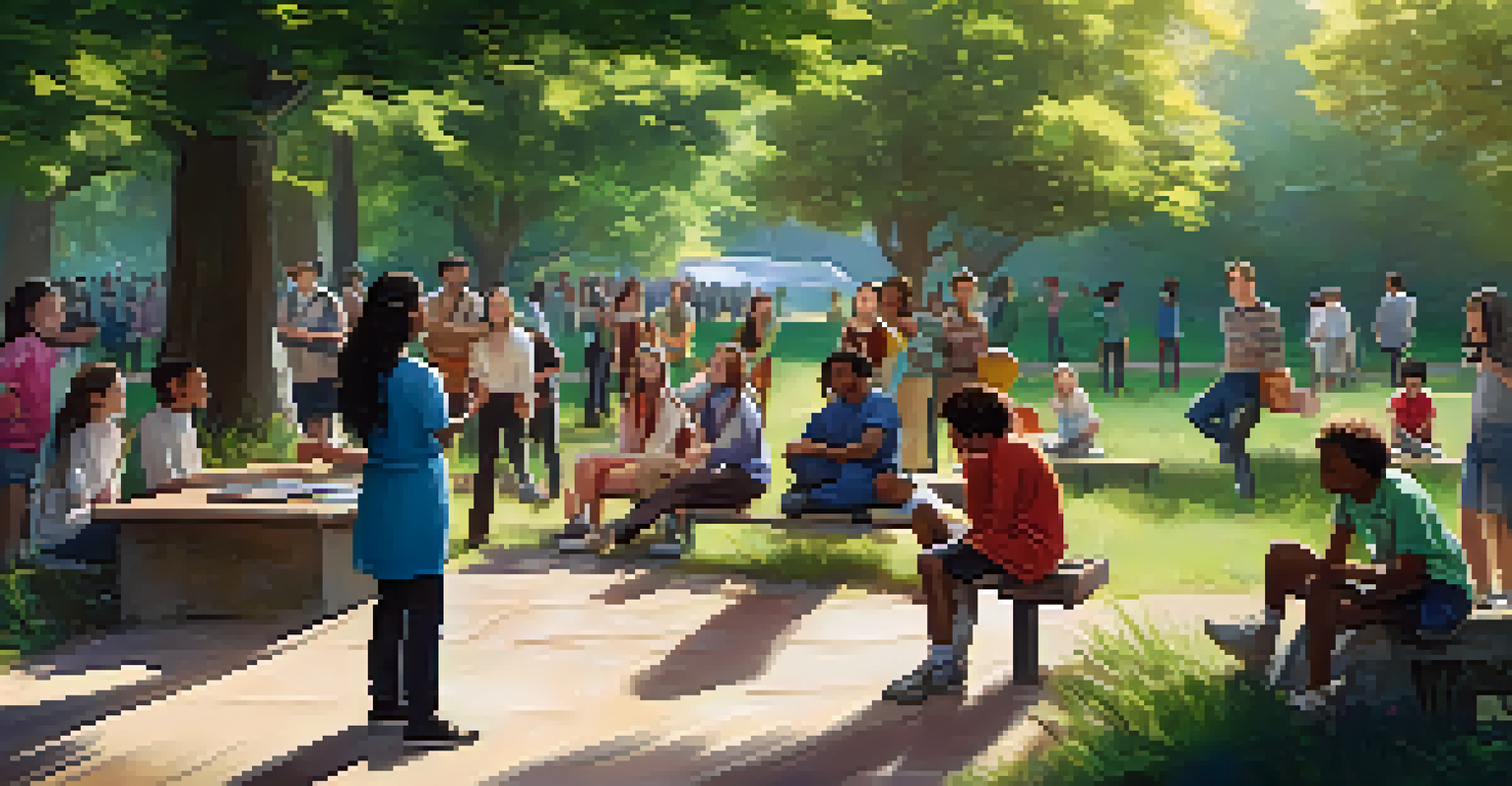 Students outdoors engaged in a role-playing exercise to enhance empathy, surrounded by nature and showing lively expressions.