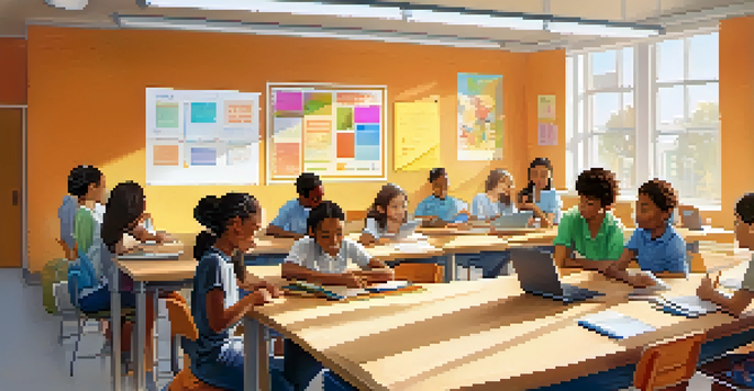 A bright and modern classroom with diverse students collaborating on tablets and a teacher guiding them, with colorful posters on the walls.