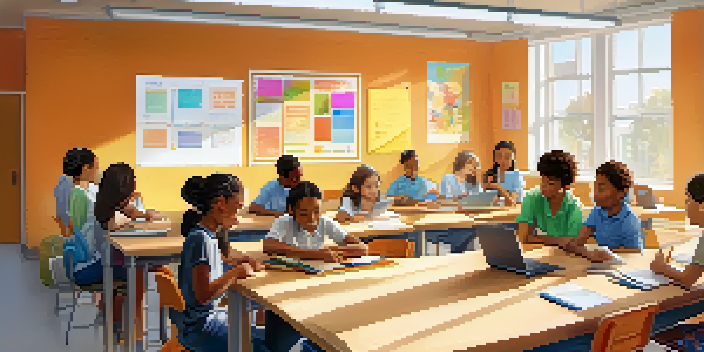 A bright and modern classroom with diverse students collaborating on tablets and a teacher guiding them, with colorful posters on the walls.