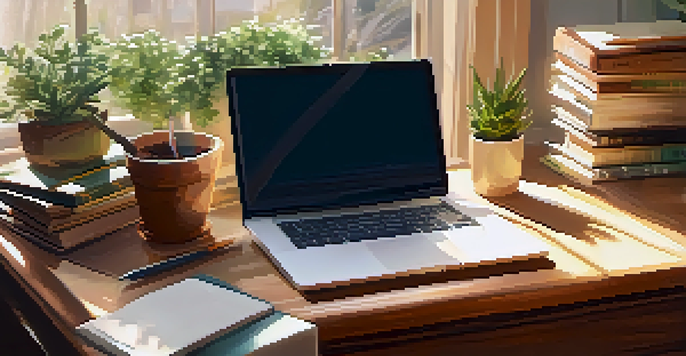 A calm study area with a wooden desk, laptop, books, and a plant, illuminated by sunlight.