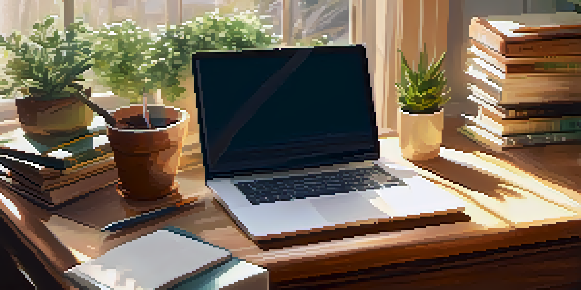 A calm study area with a wooden desk, laptop, books, and a plant, illuminated by sunlight.