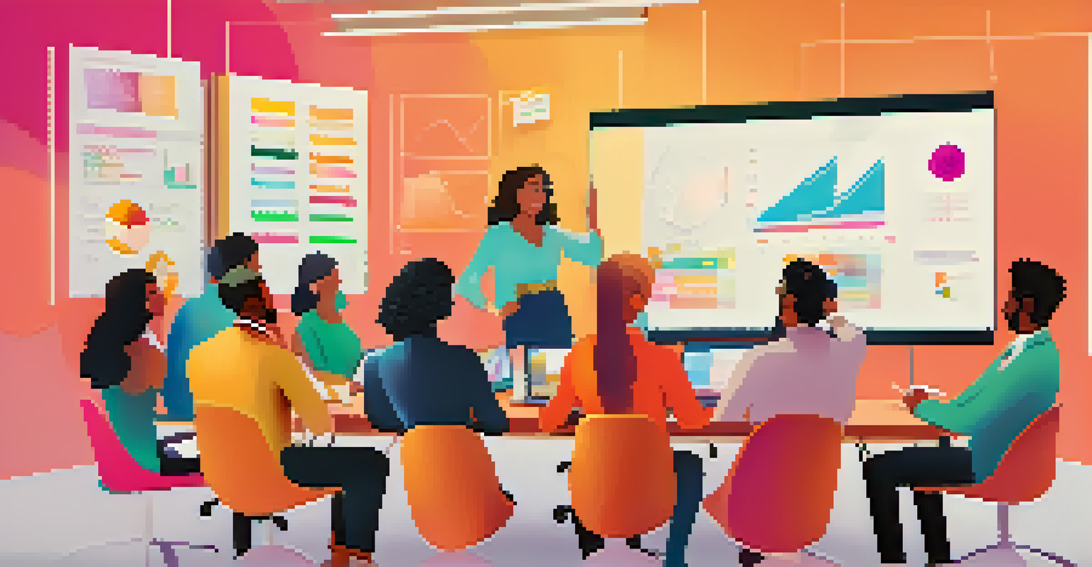A diverse group of professionals participating in a virtual meeting, with a large screen showing their faces, in a bright conference room filled with colorful diagrams.