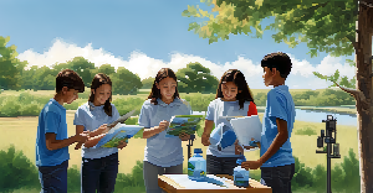 Students conducting a water conservation experiment outdoors, measuring rainwater while discussing findings in a natural setting.
