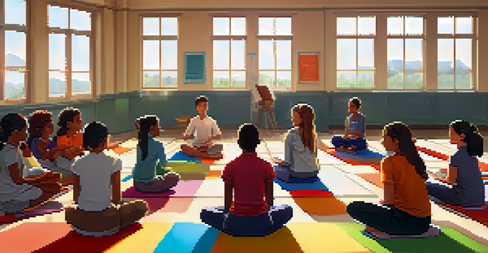 A classroom filled with natural light where diverse students are engaged in a mindfulness exercise, sitting in a circle on cushions, with a teacher guiding them.
