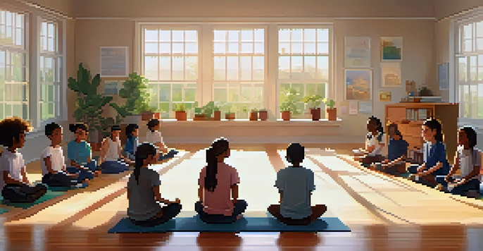 A classroom setting where students are participating in a mindfulness session, sitting in a circle with soft sunlight illuminating the room.