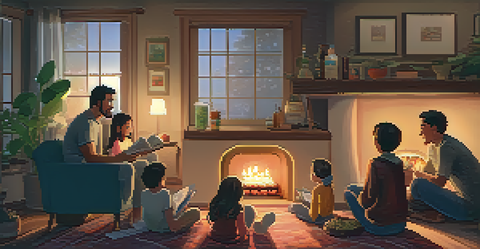A family sitting around a fireplace, smiling and sharing stories, with a warm glow and snacks nearby.