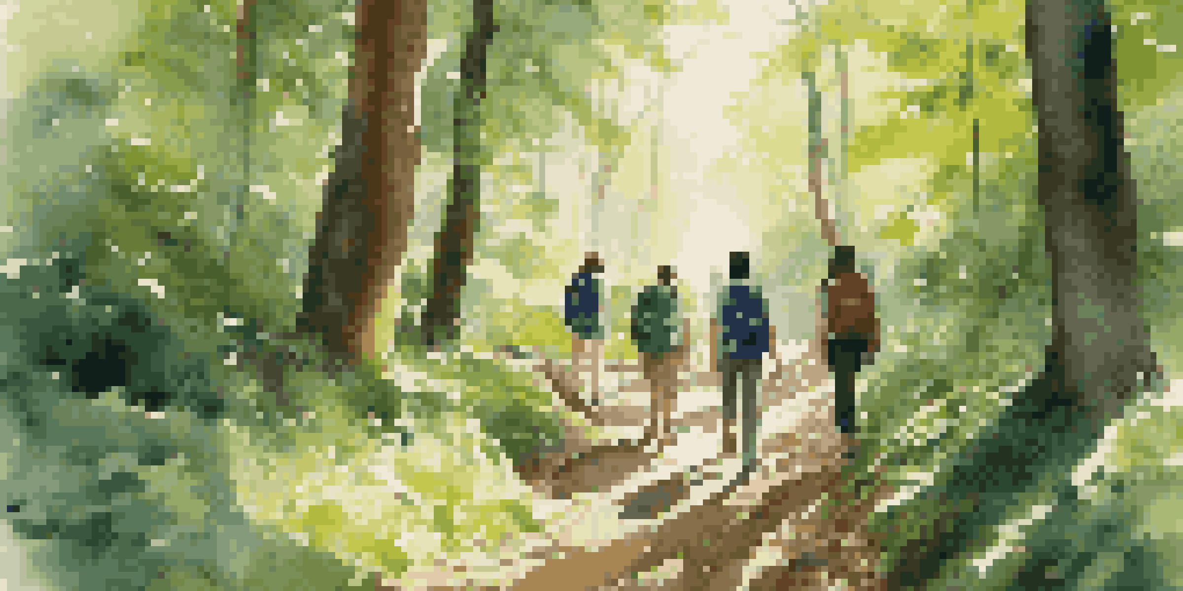 A group of diverse students hiking in a green forest, engaged in conversation under sunlight filtering through the trees.