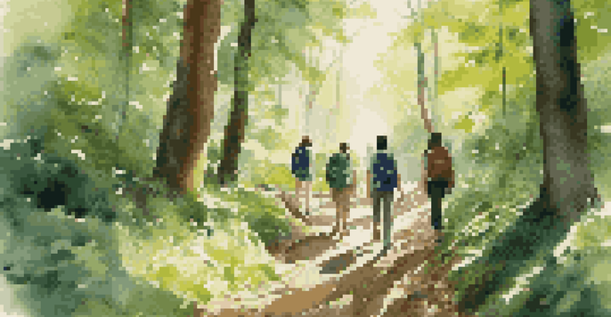 A group of diverse students hiking in a green forest, engaged in conversation under sunlight filtering through the trees.