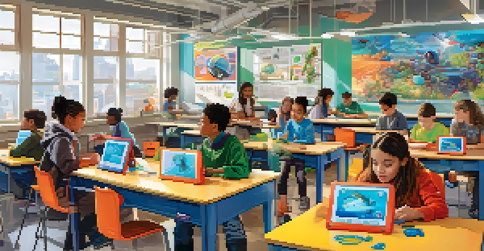 A lively classroom with diverse students working together on a robotics project, surrounded by bright colors and educational posters.