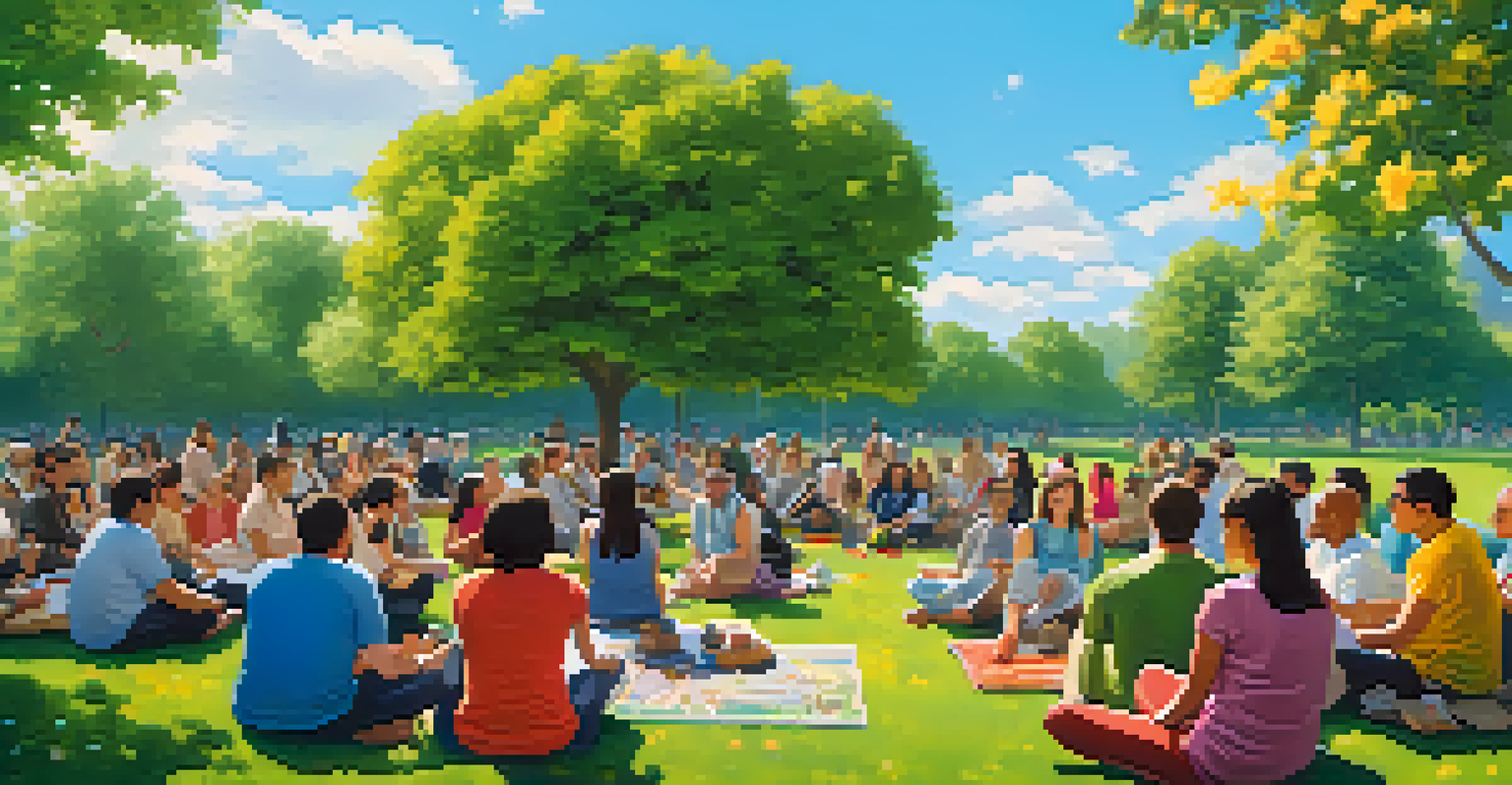 An outdoor language exchange event in a park with diverse groups of people practicing language skills amidst lush greenery and colorful flowers under a bright blue sky.