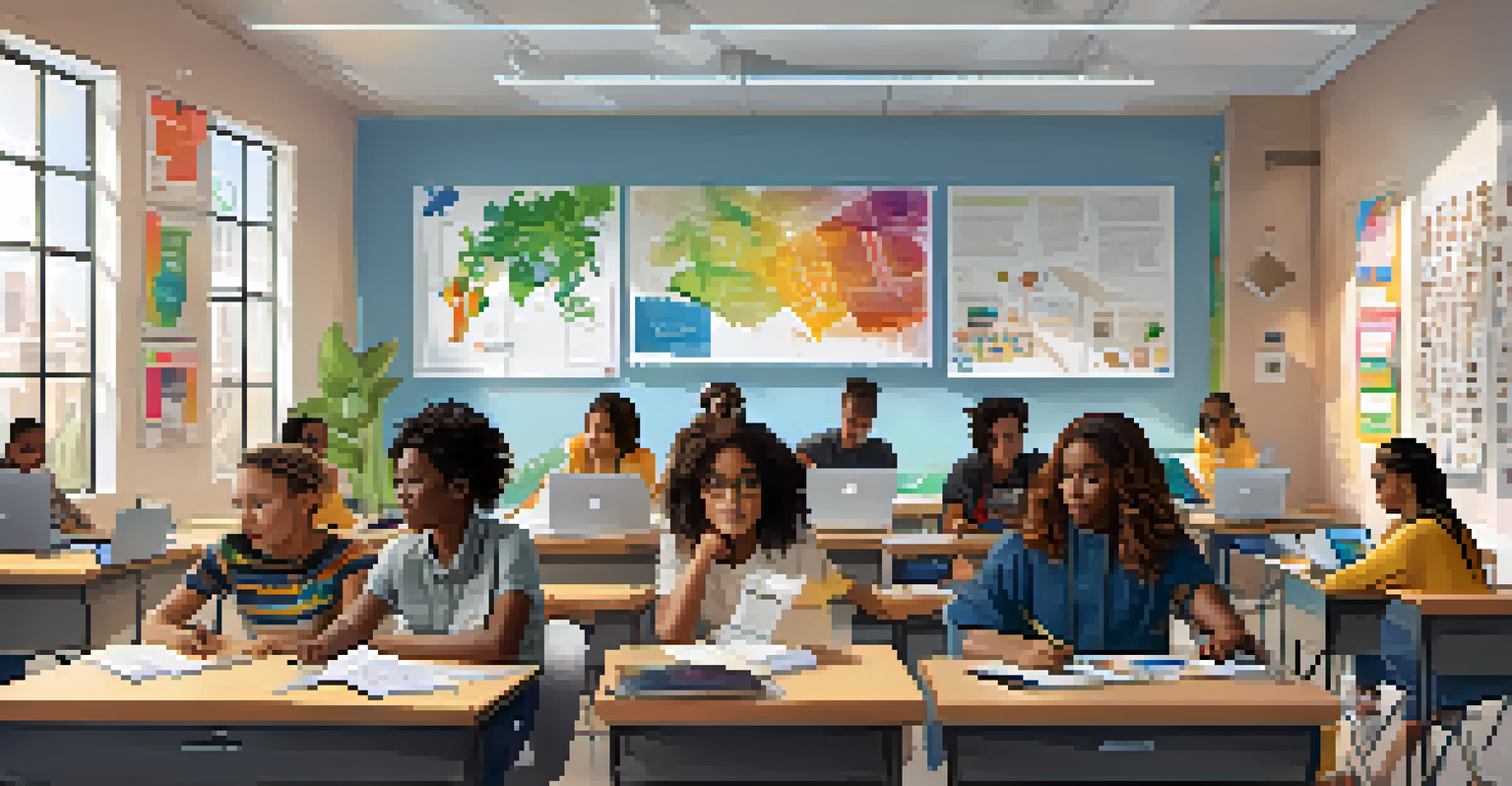 A diverse group of students collaborating in a modern classroom filled with educational materials.