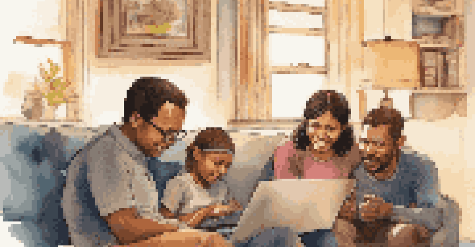 A low-income family in a modest living room, a child using a laptop while parents discuss internet access challenges, with warm lighting.