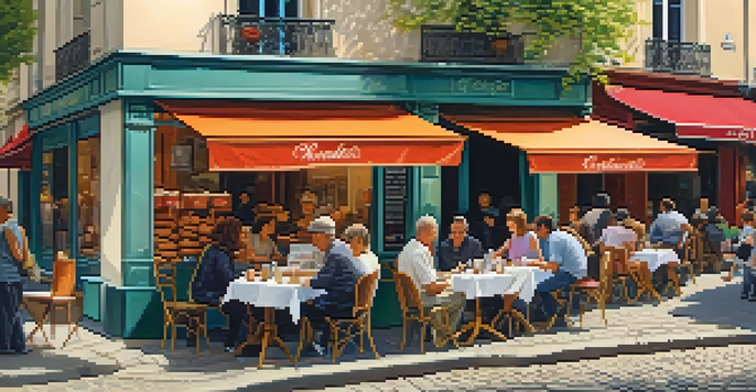 A lively café scene in Paris with people enjoying food and conversation, and a street artist painting in the background.