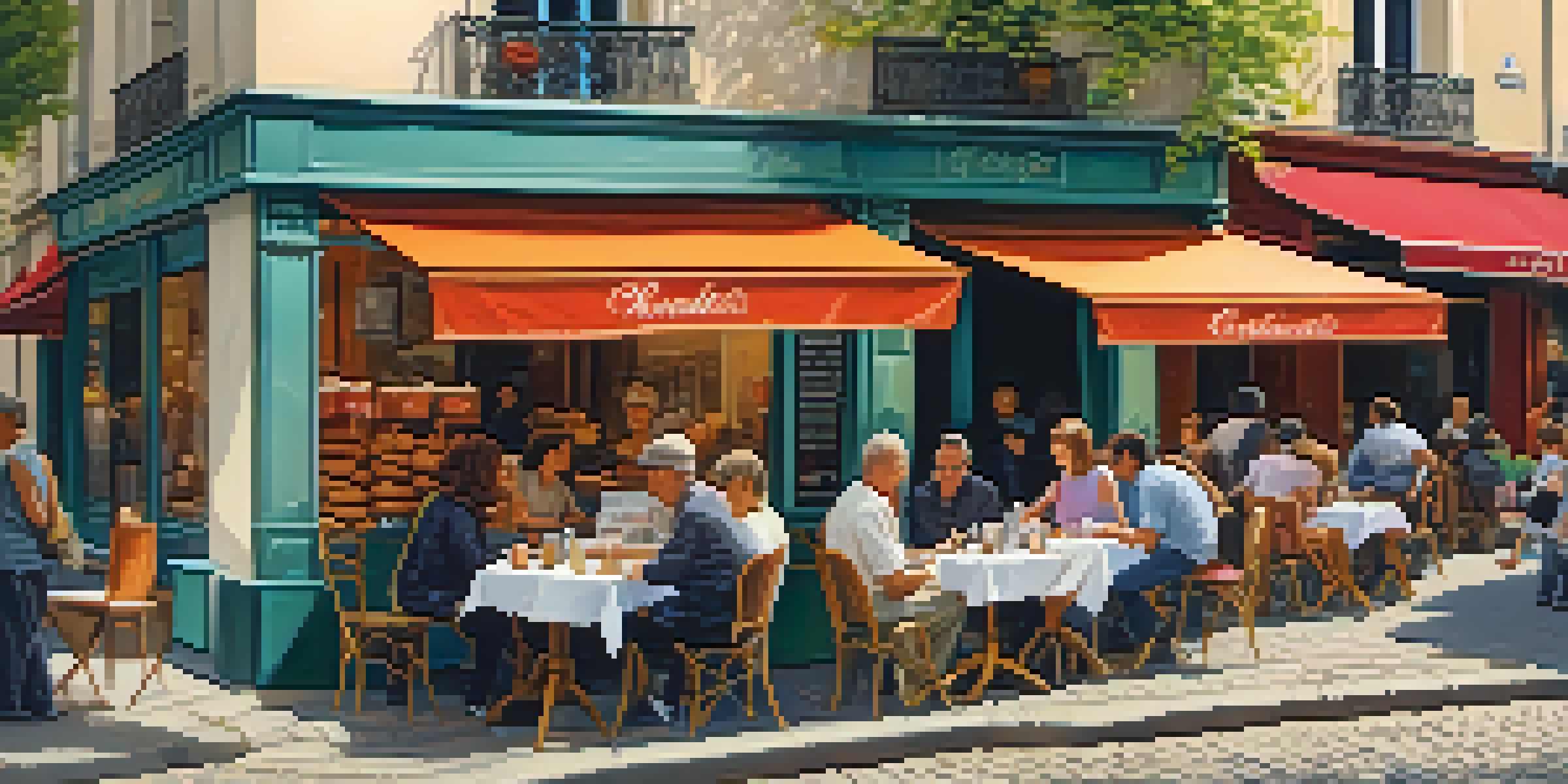 A lively café scene in Paris with people enjoying food and conversation, and a street artist painting in the background.